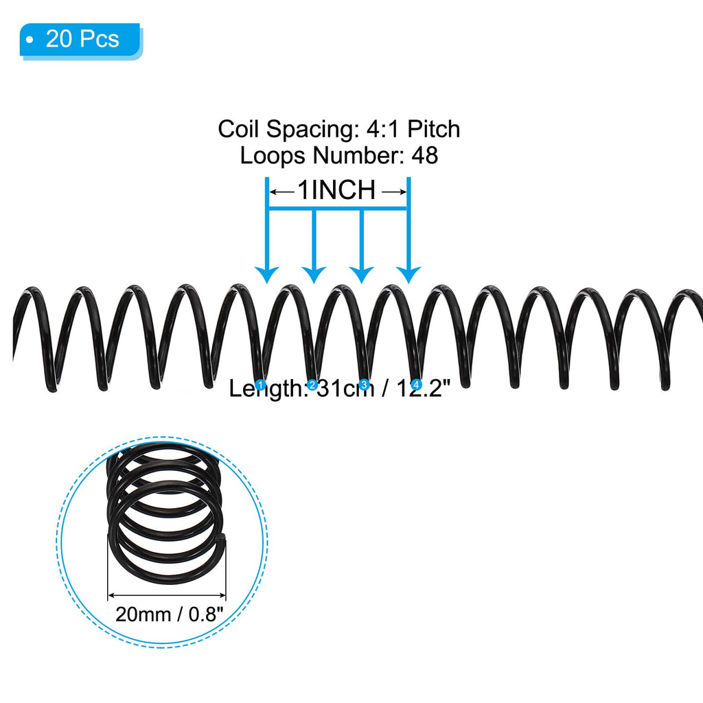 PATIKIL 20mm(3/4") Plastic Spiral Binding Coils, 20 Pcs Binding Spirals 170 Sheet Capacity 4:1 Pitch Binding Spirals for Binding Paper Sheets, Black
