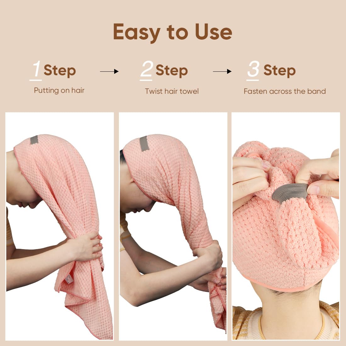 HOMEXCEL 5 Pack Large Microfiber Hair Towel Wrap for Women, Super Soft Hair Drying Towel, Fast Drying Hair Turbans for Wet Hair, Long, Thick, Curly Hair, Anti Frizz Hair Towel Wrap with Elastic Strap