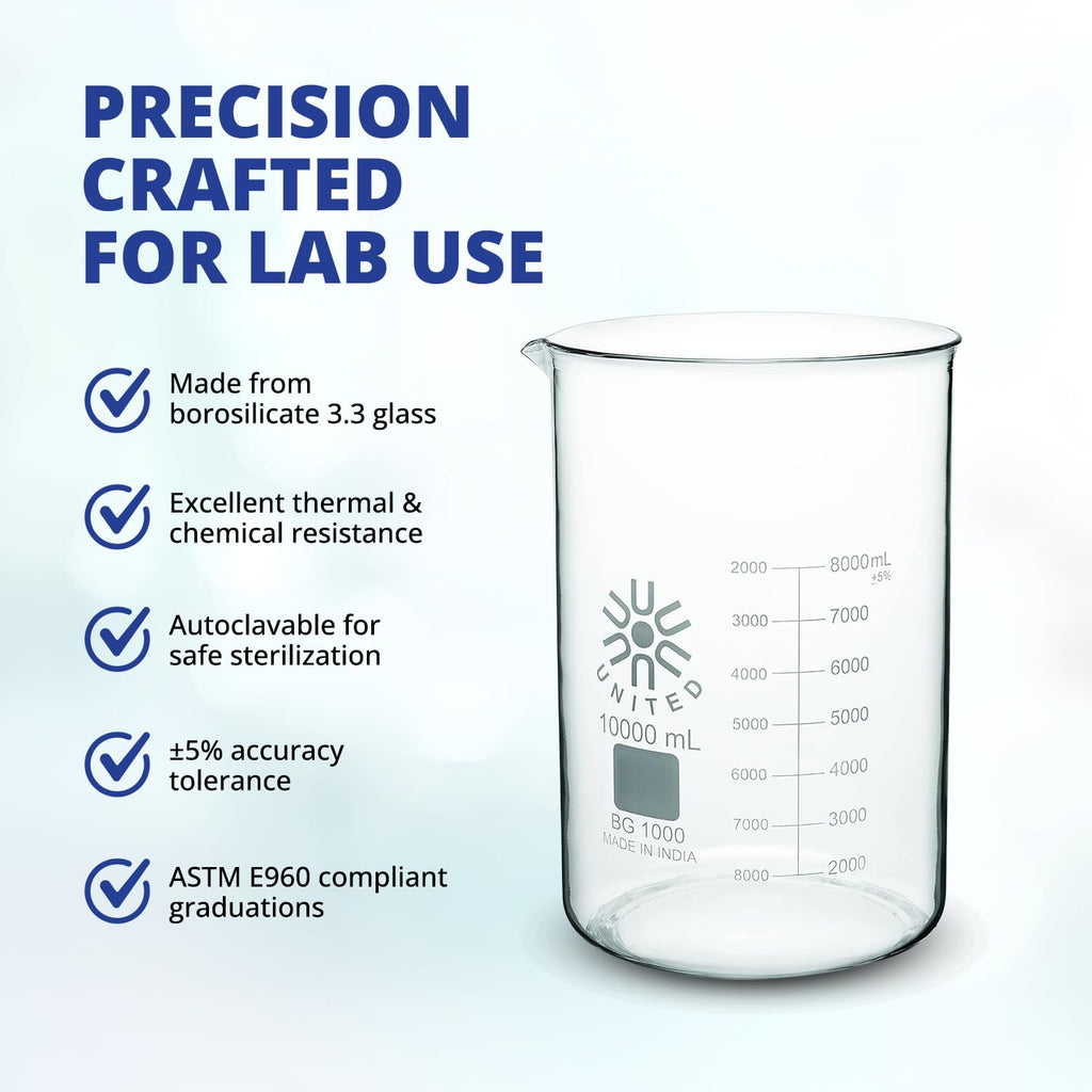 United Scientific BG1000-2000 Borosilicate Glass Low Form Beaker, 2000ml Capacity