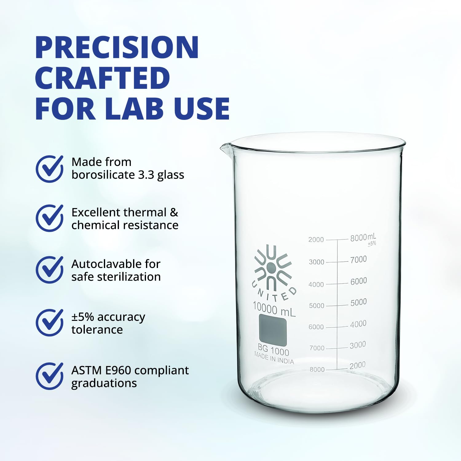 United Scientific BG1000-2000 Borosilicate Glass Low Form Beaker, 2000ml Capacity