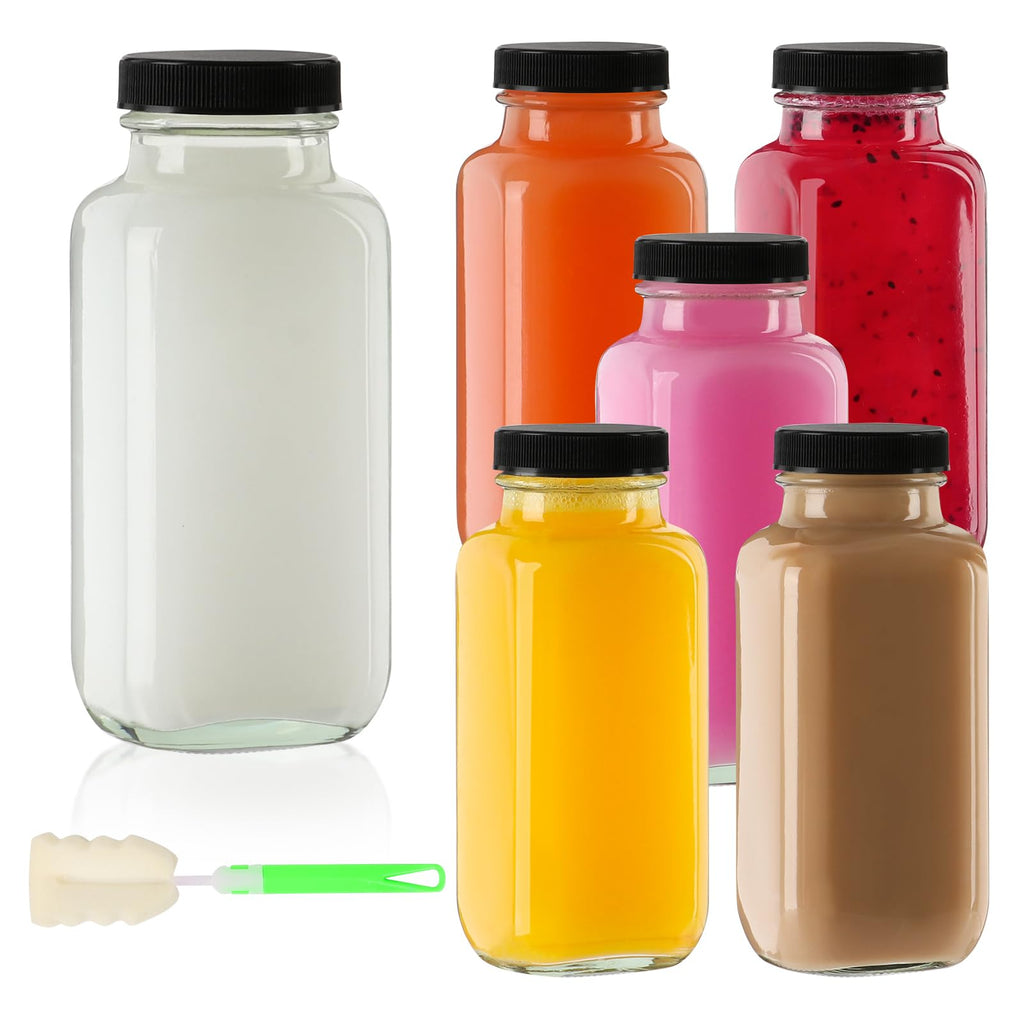 8 oz Glass Juice Bottles with Lids 6 Pack,Reusable Water Bottle,Juicing Bottles for Smoothies, Milk, Storage, Small and portable