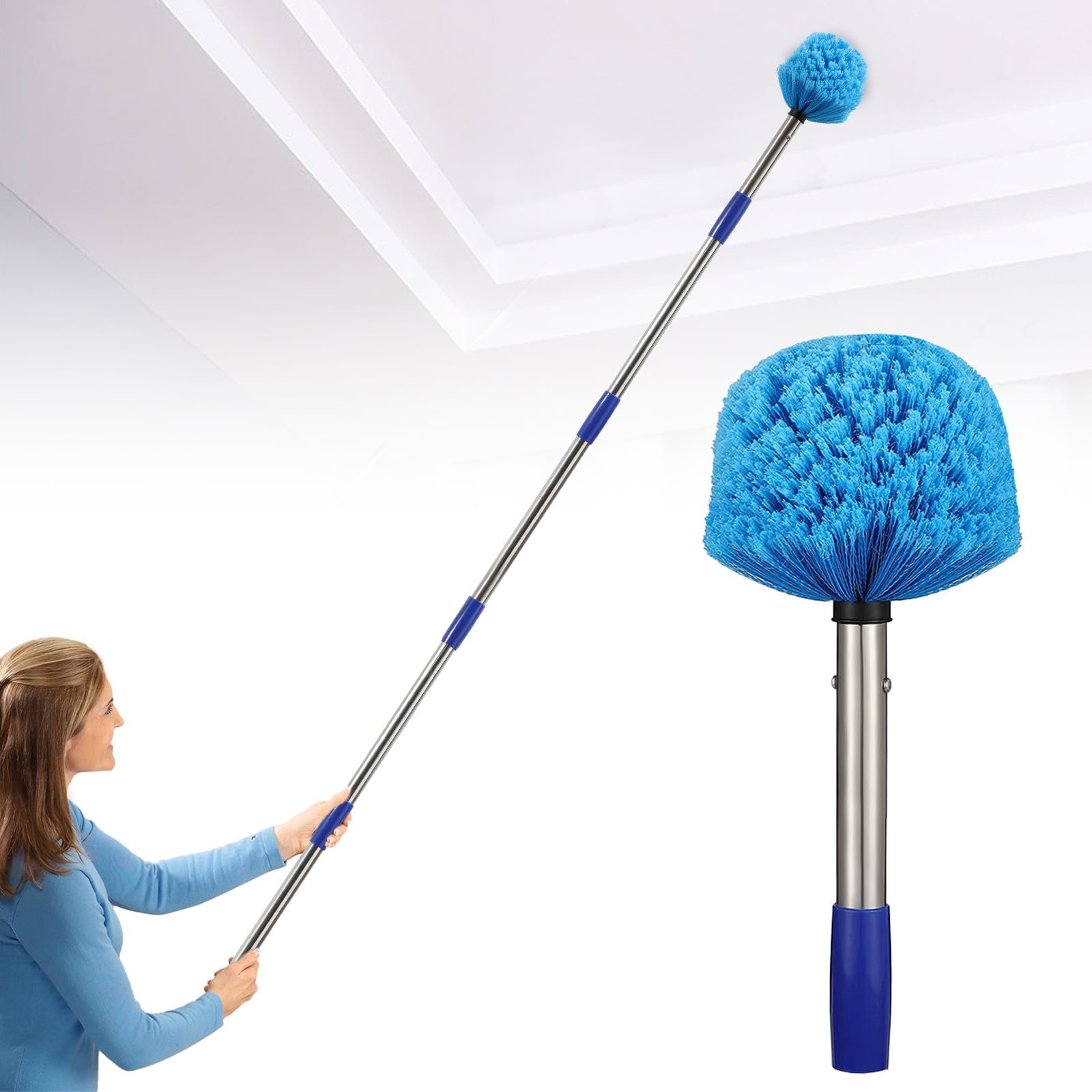 CALCHELE 10FT Spider Web Brush with Pole, Stainless Steel Pole Ceiling Fan Duster for Outdoor Indoor Cleaning