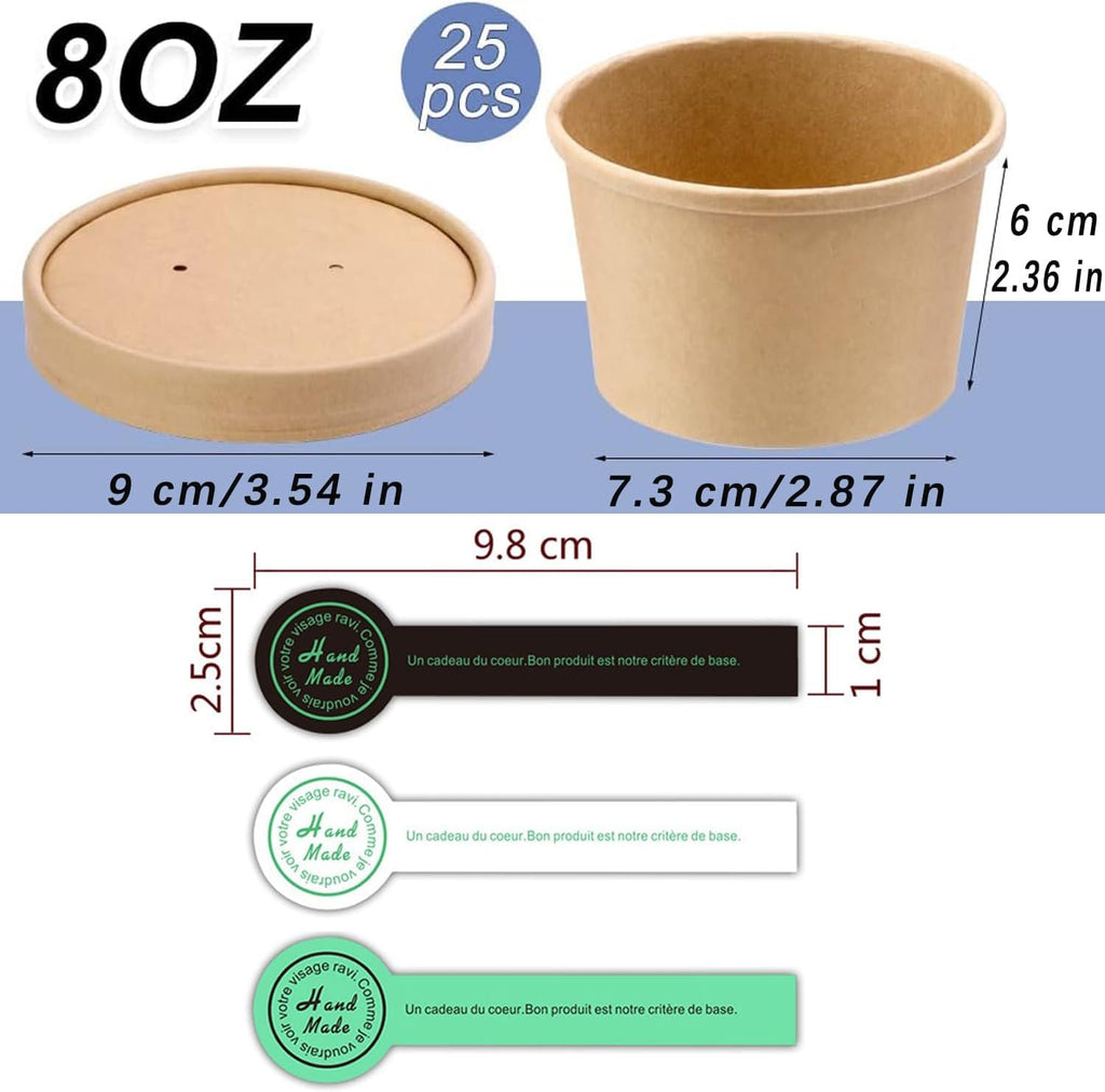 [25 Sets - 8 oz] Kraft Paper Food Soup Containers with Vented Lids, Microwavable Disposable Food Soup Bowls, Ice Cream Cups, Great for Restaurants - Extra 30 Hand Made Self-adhesive Labels