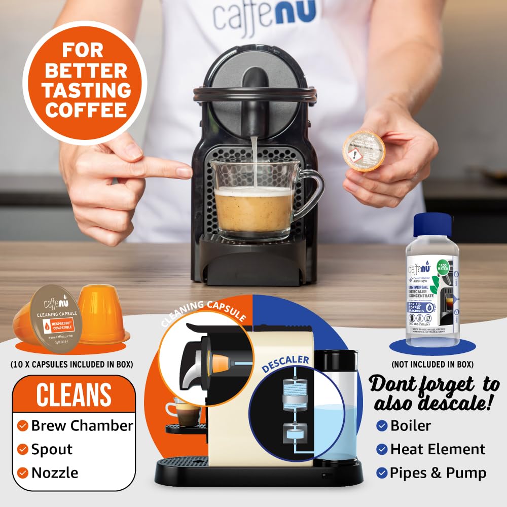 Caffenu Cleaning Pods compatible with Nespresso OriginalLine 10 Cleaner Capsules to enhanced Coffee Flavor. Use with Descaling Kit.