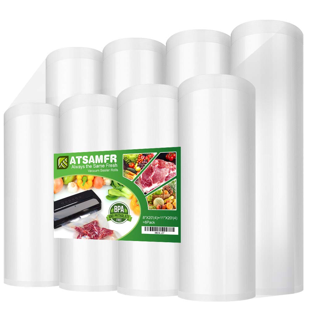 ATSAMFR 8 Pack 8"x20'(4Rolls) and 11"x20'(4Rolls) Vacuum Sealer Food Saver Bags Rolls with BPA Free,Heavy Duty,Great for Vac Storage or Sous Vide Cooking