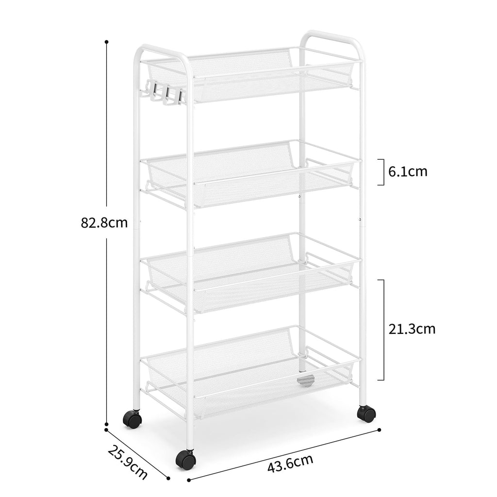 TOOLF 4-Tier Rolling Cart, Metal Utility Cart with 3 Hooks, Easy Assemble Mobile Storage Trolley On Wheels, Slide Out Shelving Units Kitchen Bathroom Laundry Room