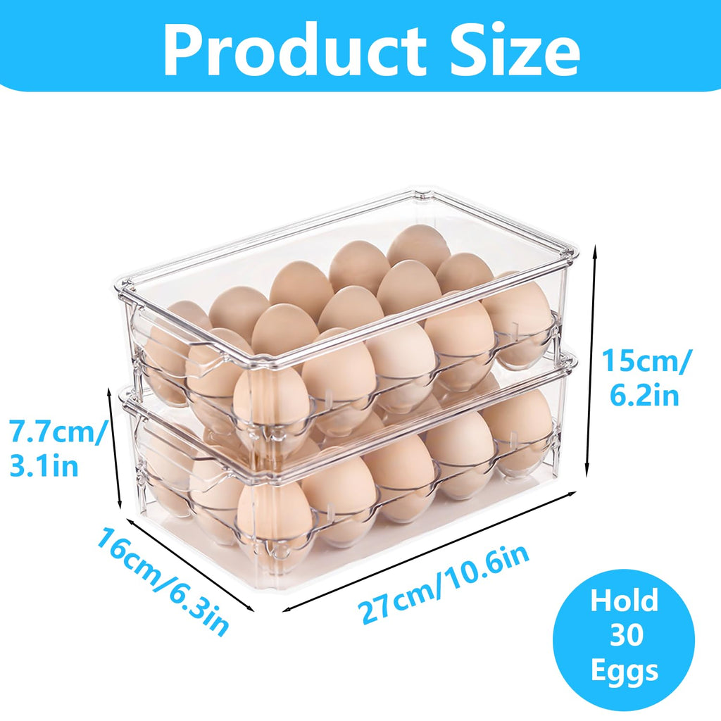 Pure Future 2-Pack Fridge Organizers and Storage (Holds 30 Eggs) - Clear Plastic Egg Containers with Lids, Stackable Food Bins, BPA-Free, Hand Wash Only