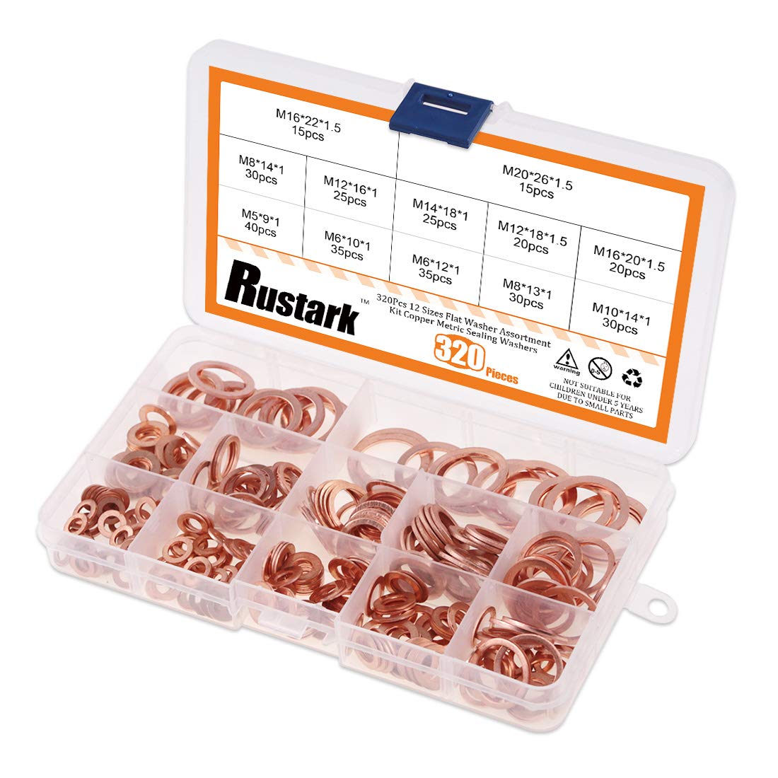 Rustark 320 Pcs Copper Flat Washers Assortment Kit Metric Sealing Washers M5 M6 M8 M10 M12 M14 M16 M20（12 Sizes）