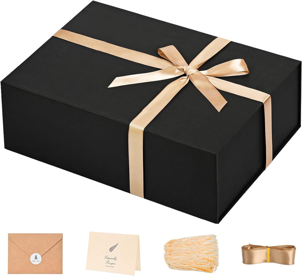 LIFELUM Large Gift Box 13.5 x 10 x 4 inch Black Gift Box with Magnetic Lid Bridesmaid Proposal Gift Boxes for Presents with Lids,Card,Ribbon,Shredded Paper Filler (1 Pcs）