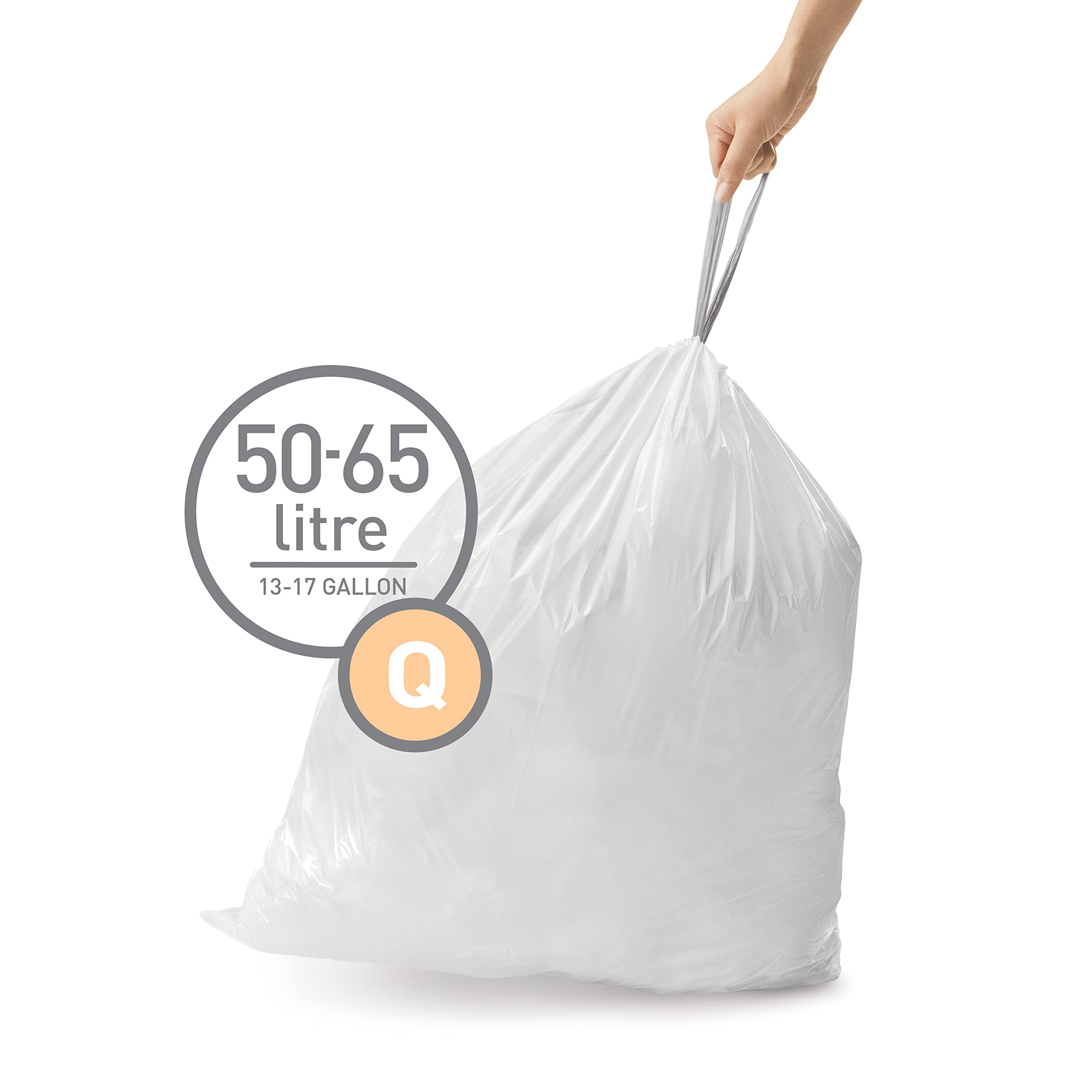 simplehuman Code Q 60 Count, Dispenser Pack Custom Fit Liners, Drawstring Trash Bags, 50-65L / 13-17 Gallons, White