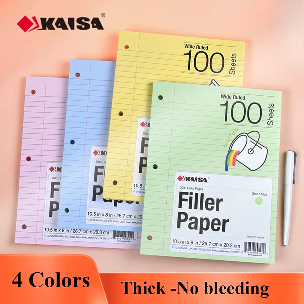 Kaisa Filler Paper Colored Loose Leaf Paper, Wide Ruled, 8x10.5in Colored and 3-Hole Punched for 3-Ring Binders, 100Sheets/Pack, 4-Pack, FC10001W