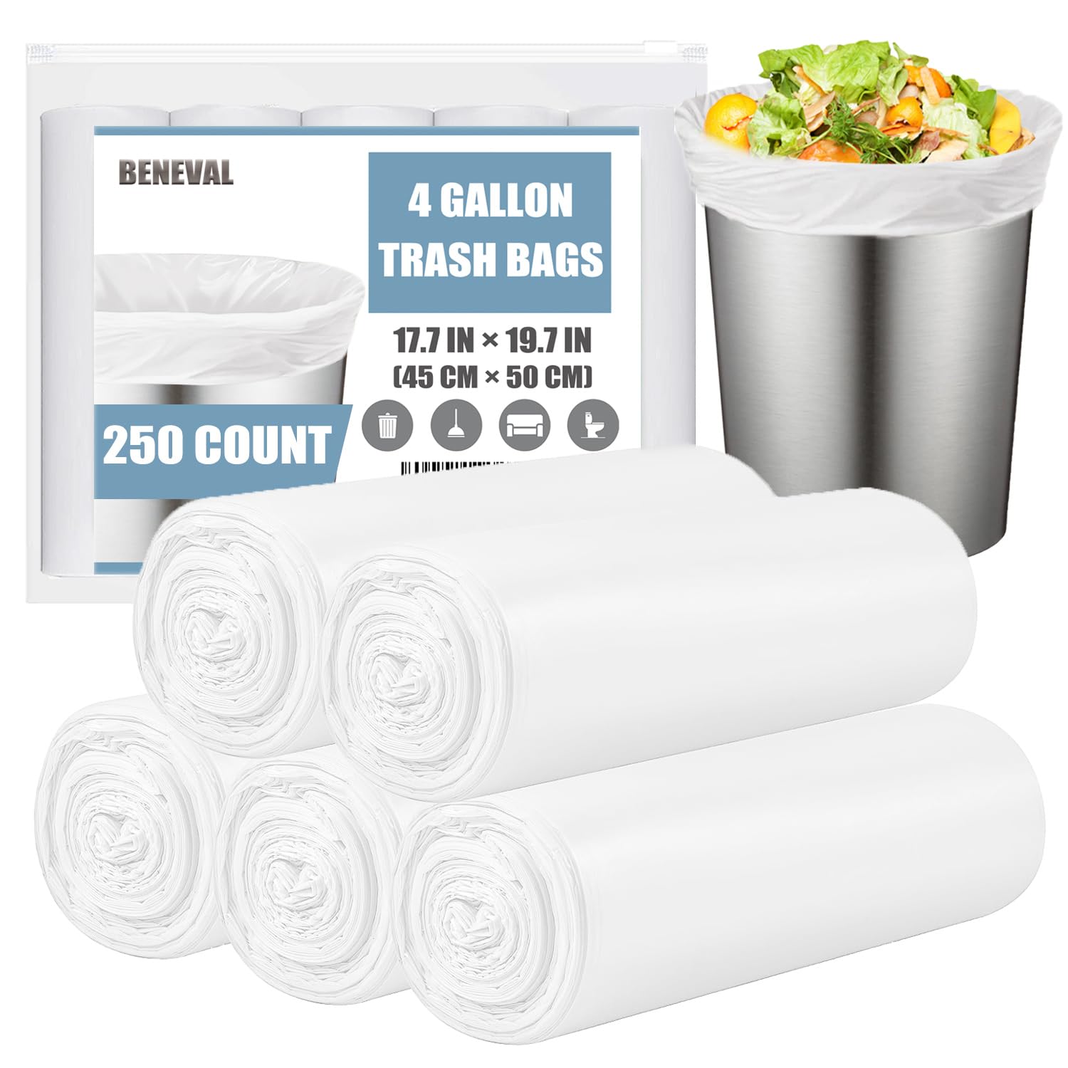250 Count Small Garbage Bags - 15 Litres 4 Gallon Trash Bags, White 15L Garbage Bags for Office Bedroom Bathroom, Unscented Small Trash Bags