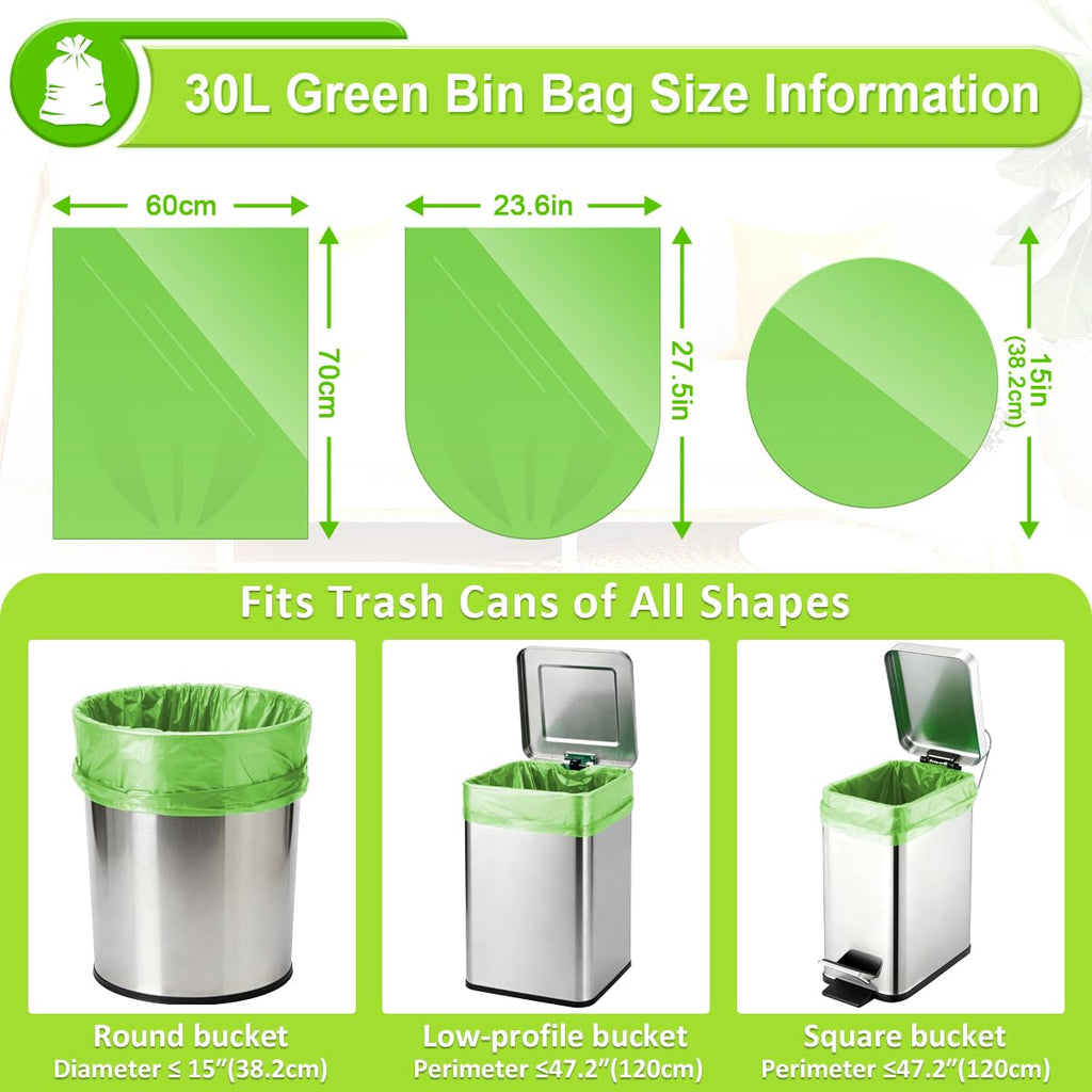 Biodegradable Garbage Bags 30L, 120 Counts Green Waste Bin Kitchen Bags, 8 Gallon Medium Unscented Trash Bags, Strong Bin Liners for Kitchen Home Use