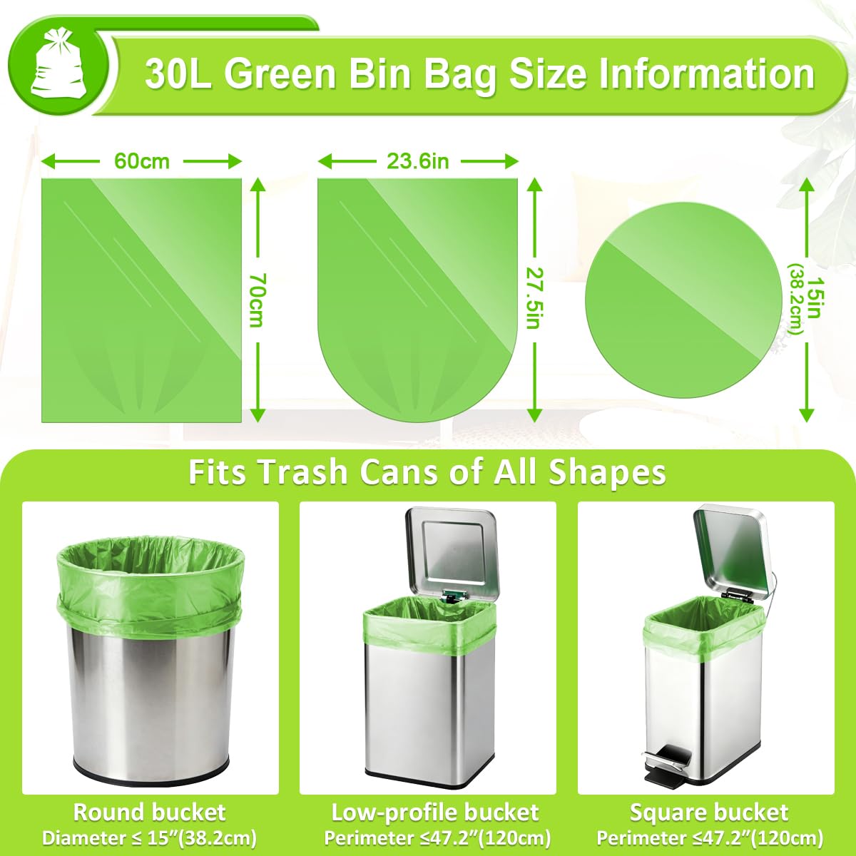 Biodegradable Garbage Bags 30L, 120 Counts Green Waste Bin Kitchen Bags, 8 Gallon Medium Unscented Trash Bags, Strong Bin Liners for Kitchen Home Use