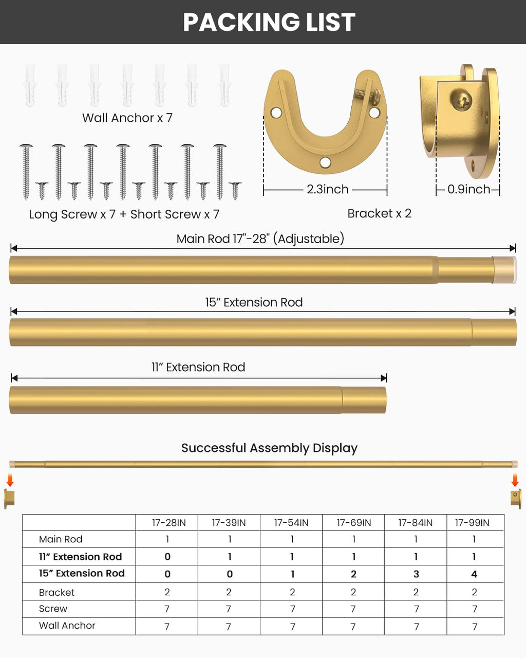 Closet Rods for Hanging Clothes, 17-54 inches Stepless Adjustable Metal Closet Rod, 1.3 Inches Heavy Duty Clothes Hanging Rod for Closet Wardrobes Laundry RV, Golden