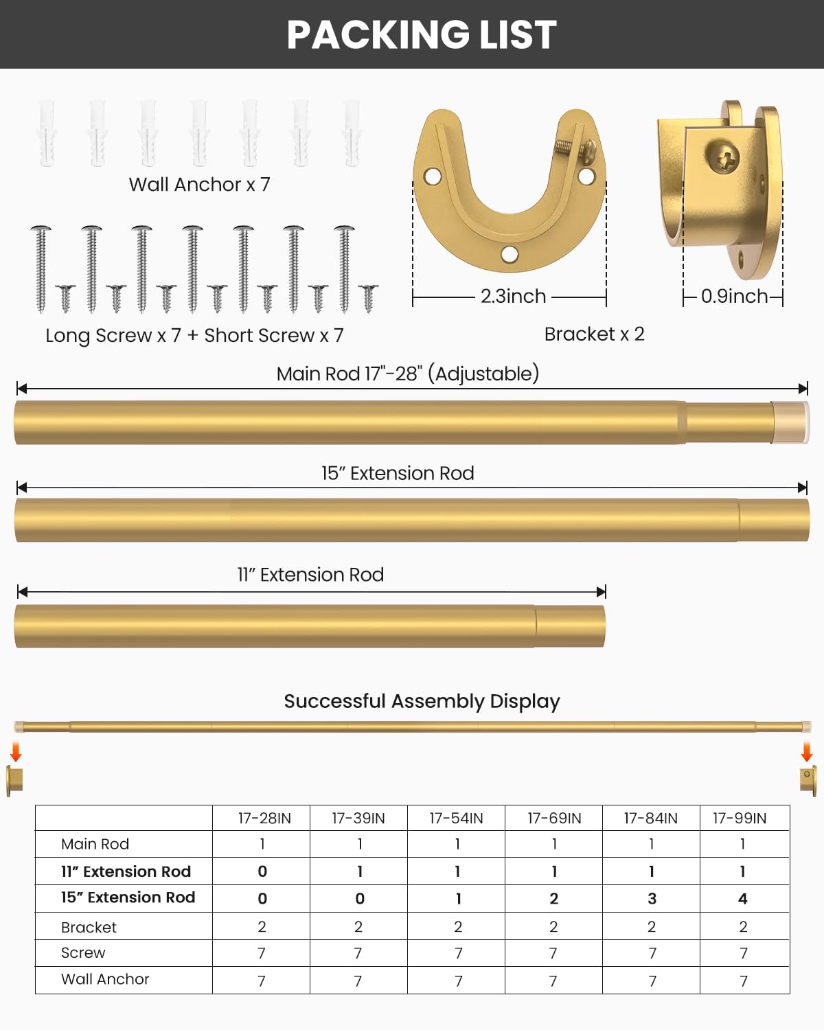 Closet Rods for Hanging Clothes, 17-54 inches Stepless Adjustable Metal Closet Rod, 1.3 Inches Heavy Duty Clothes Hanging Rod for Closet Wardrobes Laundry RV, Golden