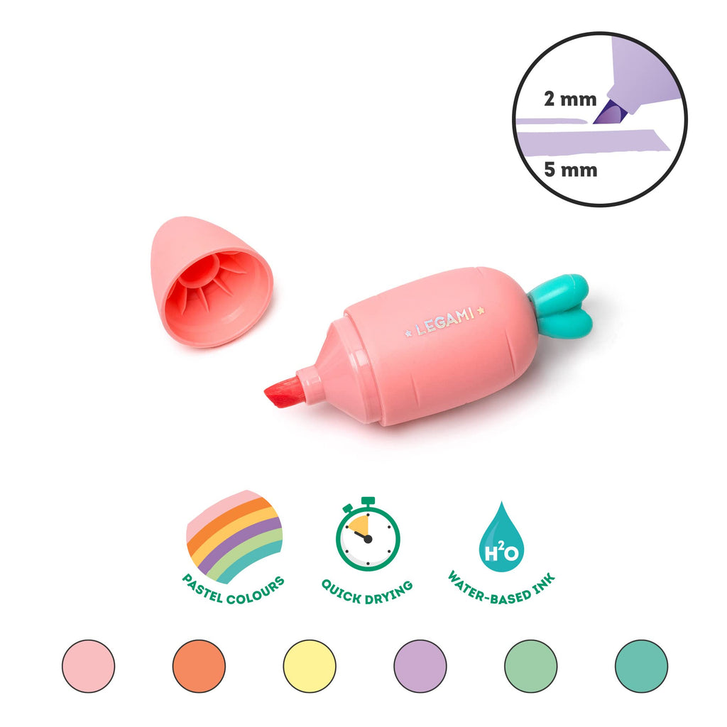 Legami HC0001 Set of 6 Mini Highlighters, Carrate Team, Carrot Shape Highlighters, Water Based Inks, for Fine and Thick Lines, Pastel Colours, Quick Drying