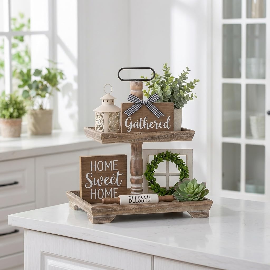 Hanobe Farmhouse Tiered Tray Stand: 2 Tier Easter Serving Trays - Coffee Table Decor Two Rectangle Wood for Kitchen Counter
