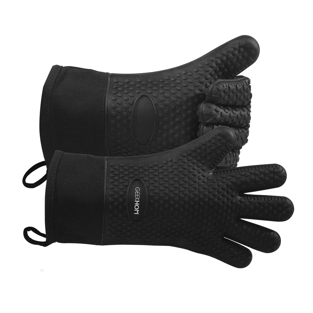 GEEKHOM Silicone Oven Mitts Heat Resistant Gloves with Cotton Lining for Kitchen Cooking, Baking & BBQ Accessories, Dishwasher Safe Non-Slip Grip (Black)