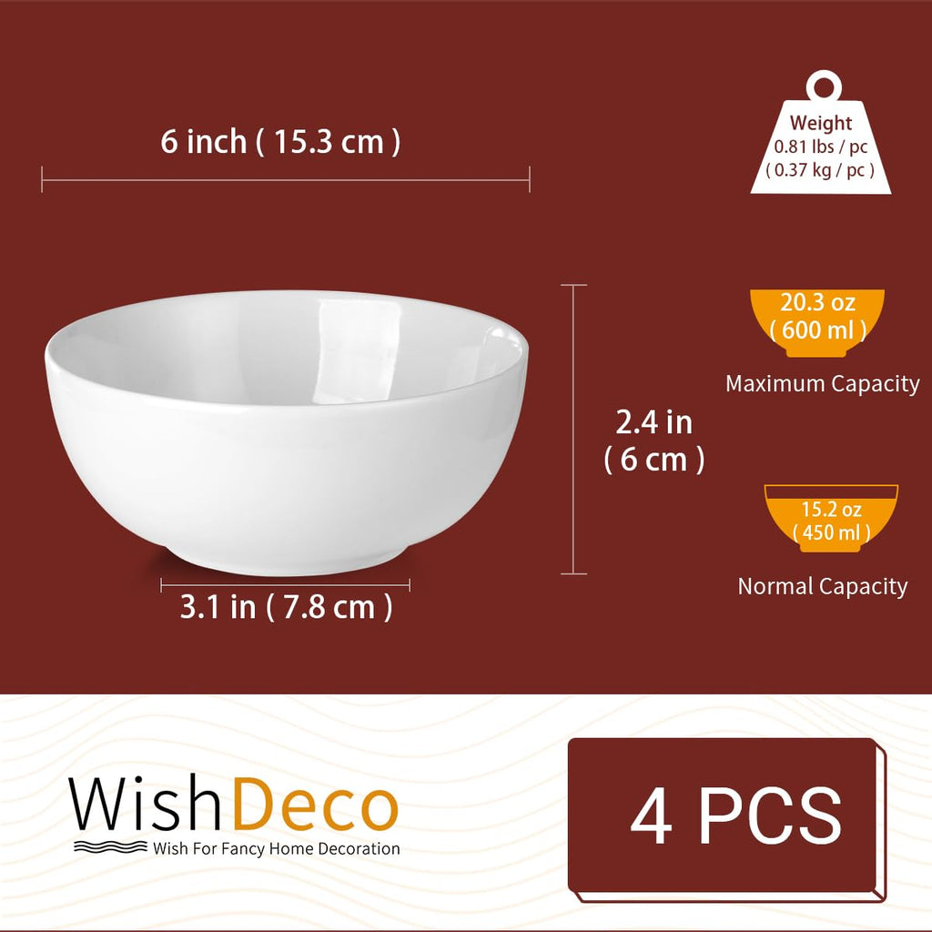 WishDeco Cereal Bowls Set of 4, Ceramic Soup Bowls 20 oz / 600 ml, Breakfast Bowls 6 inch / 15 cm, White Bowls for Dessert, Oatmeal, Pasta, Noodle, Salad, Rice