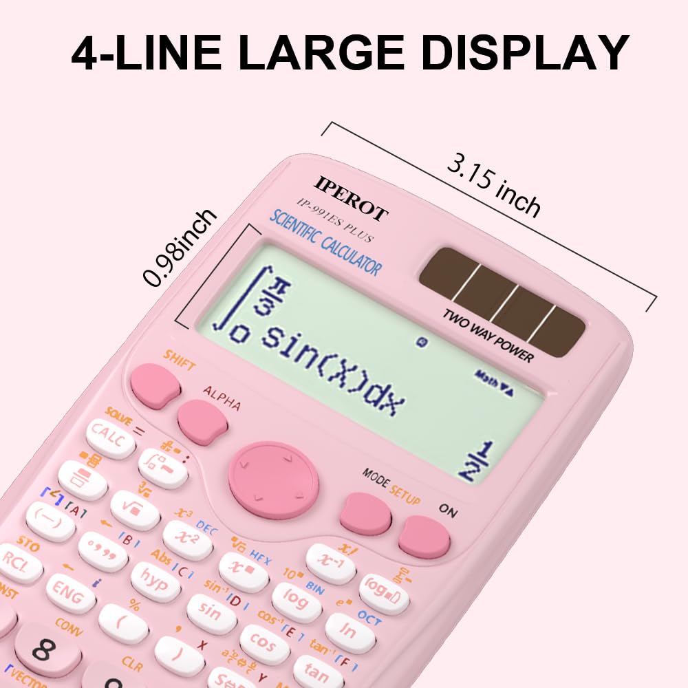 Scientific Calculators, IPEROT Solar Scientific Calculator Large Screen 417 Function, Calculators Very Suitable for High School and College Students Calculus Algebra and Other Math Textbooks (Pink)