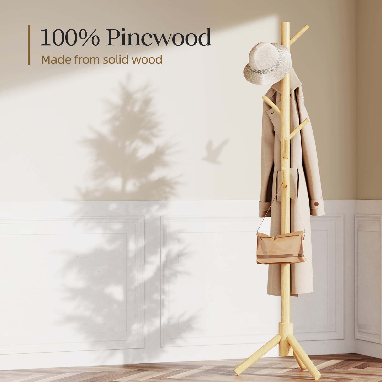 Pipishell Coat Rack Sturdy Wooden Coat Rack Stand, Adjustable Coat Tree, Free Standing Tree Hanger with 4 Sections & 8 Hooks, for Home/Bedroom/Office/Hallway/Entryway