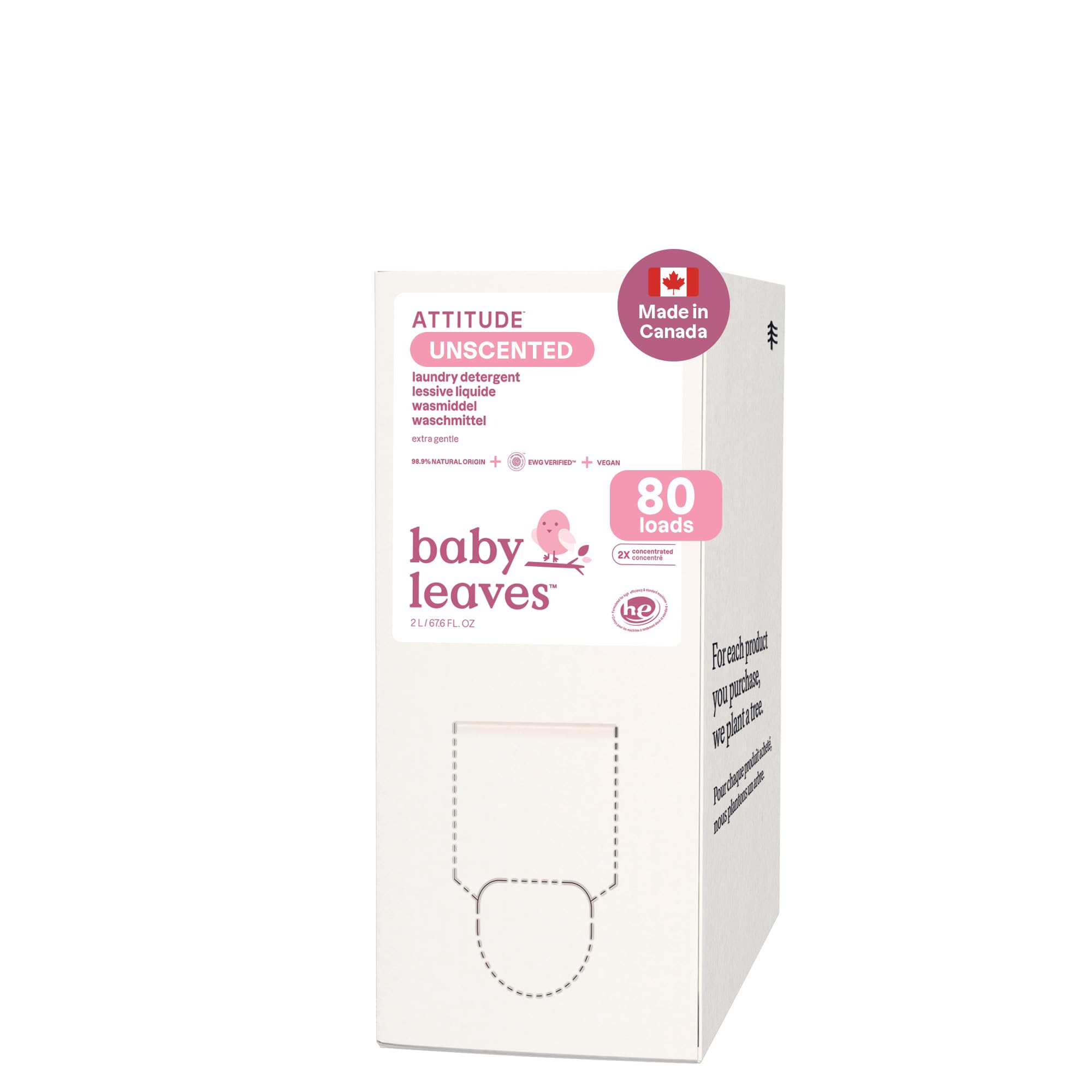 ATTITUDE Baby Laundry Detergent Refill, EWG Verified Plant-Based Liquid, Unscented Baby Clothes Wash, HE Compatible, 80 Loads, 2 Liters