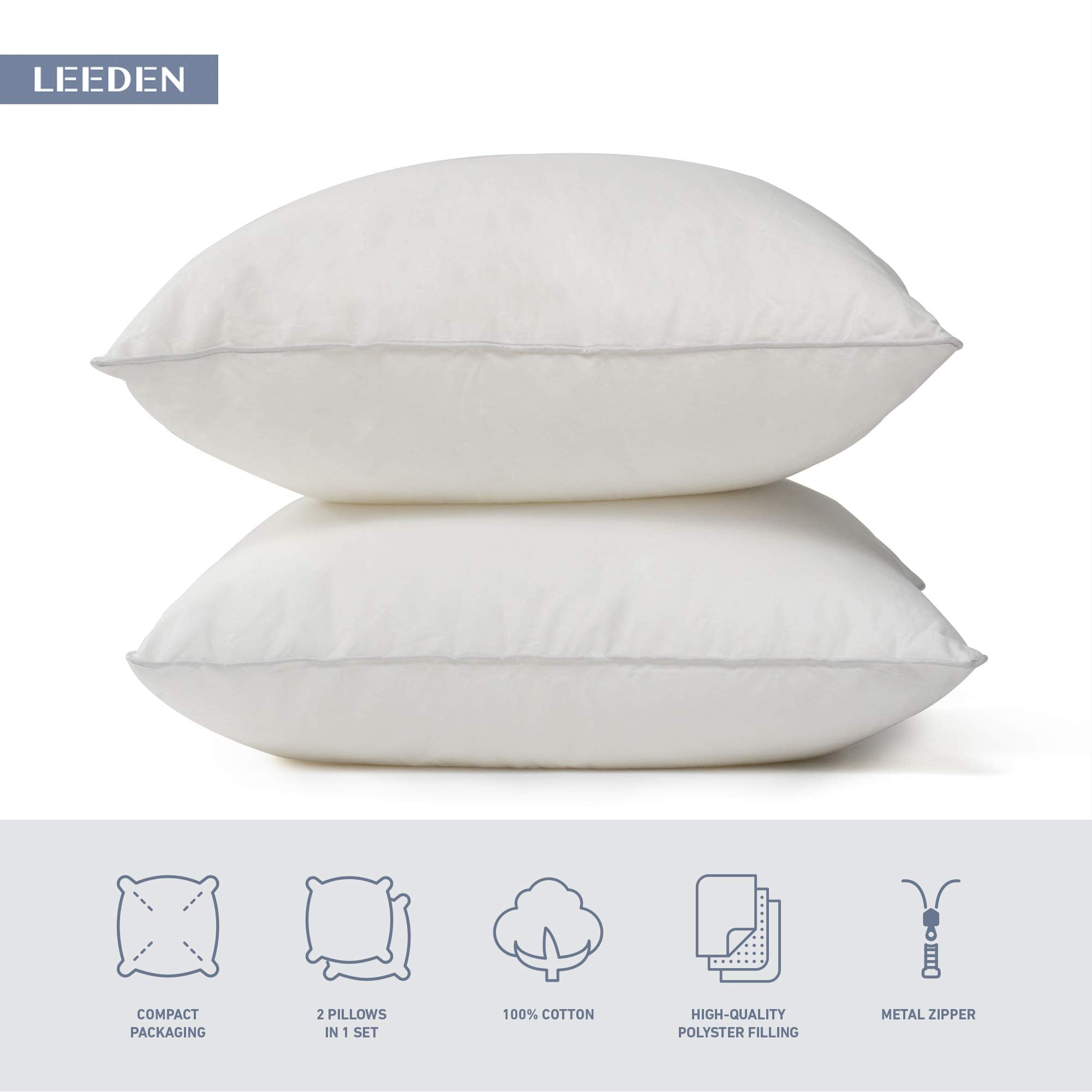 Leeden 18 x 18 Pillow Inserts (Set of 2) - Throw Pillow Inserts with 100% Cotton Cover - 18 Inch Square Interior Sofa Pillow Inserts - Decorative Pillow Insert Pair - White Couch Pillow