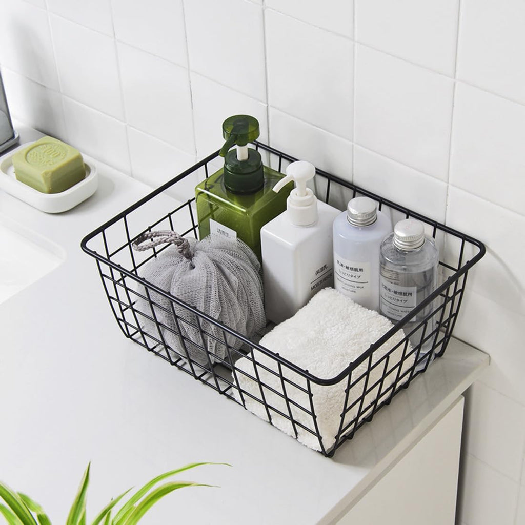 Aeggplant Kitchen Wire Baskets Farmhouse Decor Metal Food Storage Organizer,Household Refrigerator Bin with Built-in Handles for Cabinets,Pantry,Bathroom,Black