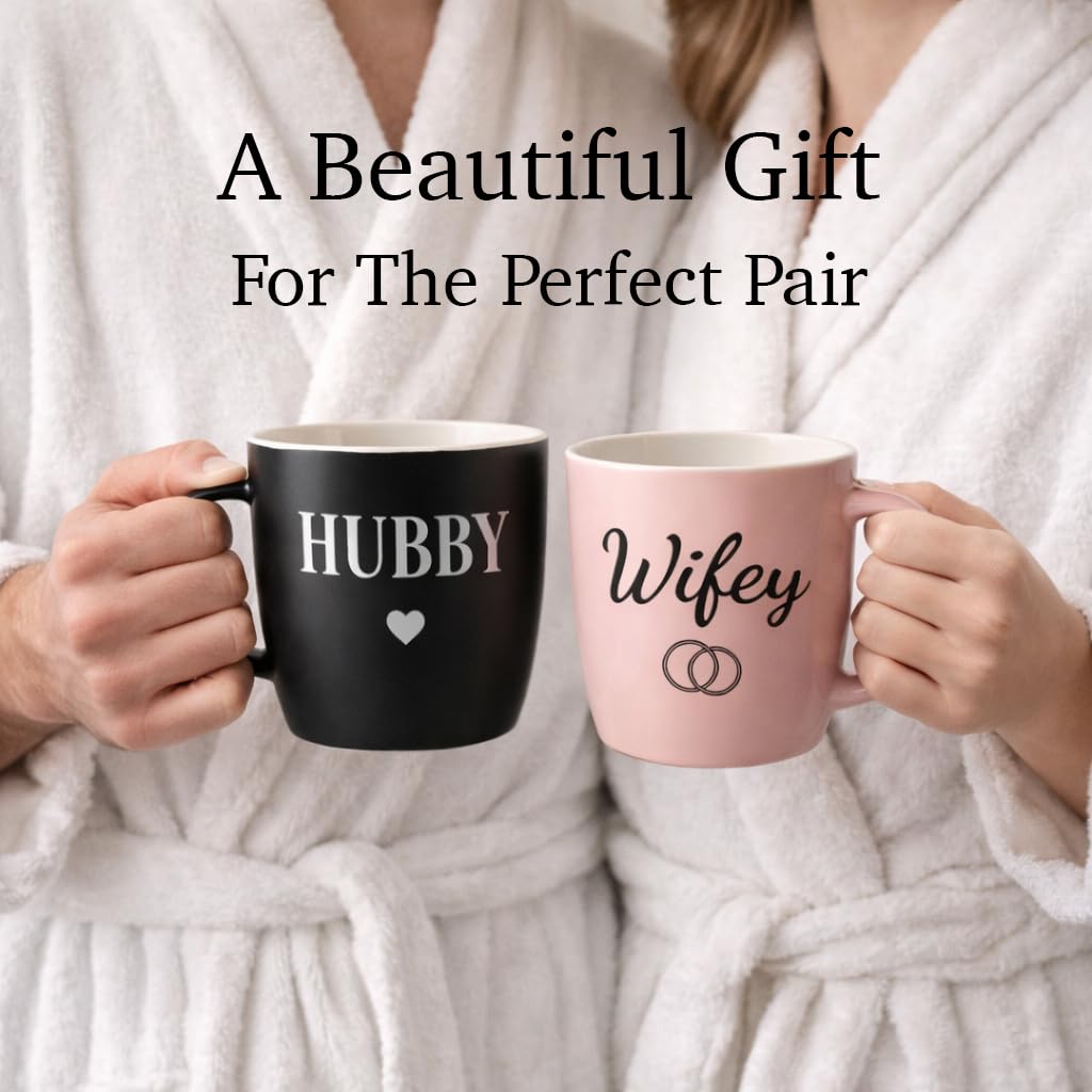 Triple Gifffted Hubby and Wifey Coffee Mugs Set, Mr and Mrs Couples Gift for Wedding, Anniversary, Engagement, Valentines, Christmas Day, His Hers Present for Husband Wife, Newlyweds, 13oz Ceramic