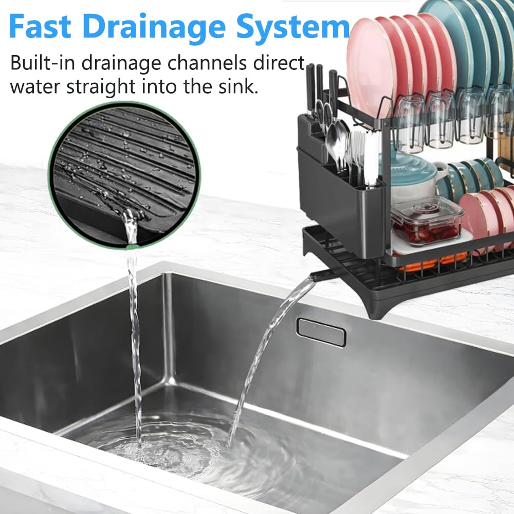 Dish Drying Rack,2 Tier Drying Rack Kitchen with Drainboard,Large Capacity Dish Drainer Organizer Shelf with Utensil Holder, Cup Rack for Kitchen Counter (Black)