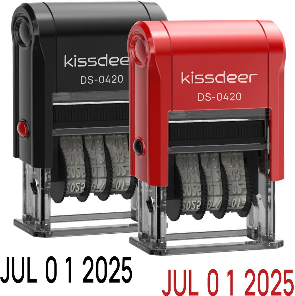 Kissdeer Date Stamp Set (Economy 2-Pack Value Set) – Self-Inking Black & Red Ink Rubber Dater, Large Gear for Clean Hands & Translucent Base for Precise Positioning – Office, Shipping, Teacher Use