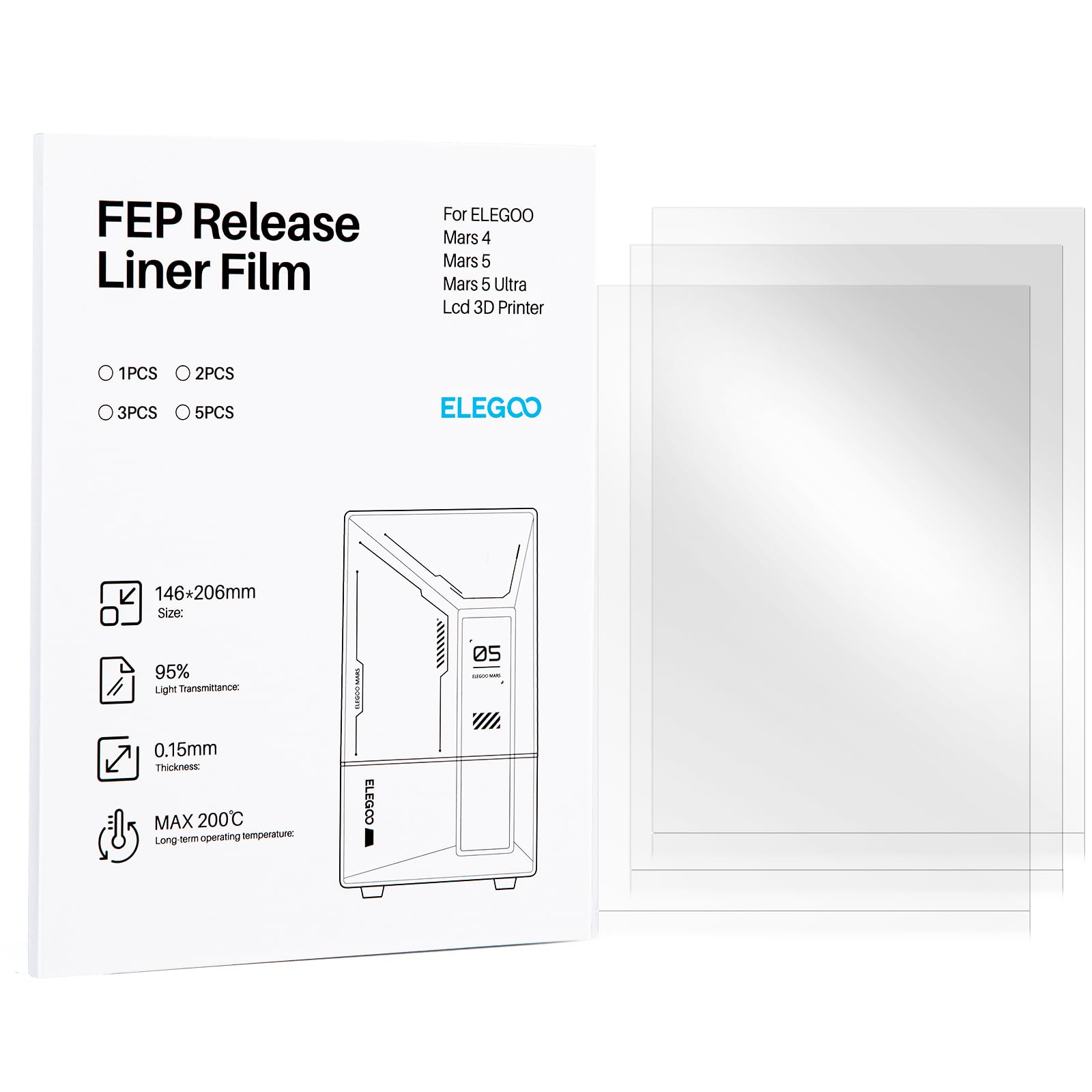 ELEGOO 3PCS FEP Release Film for Mars 4 & Mars 5 & Mars 5 Ultra LCD 3D Printer with 95% Light Transmittance, 206 * 146mm, 0.15mm Thickness