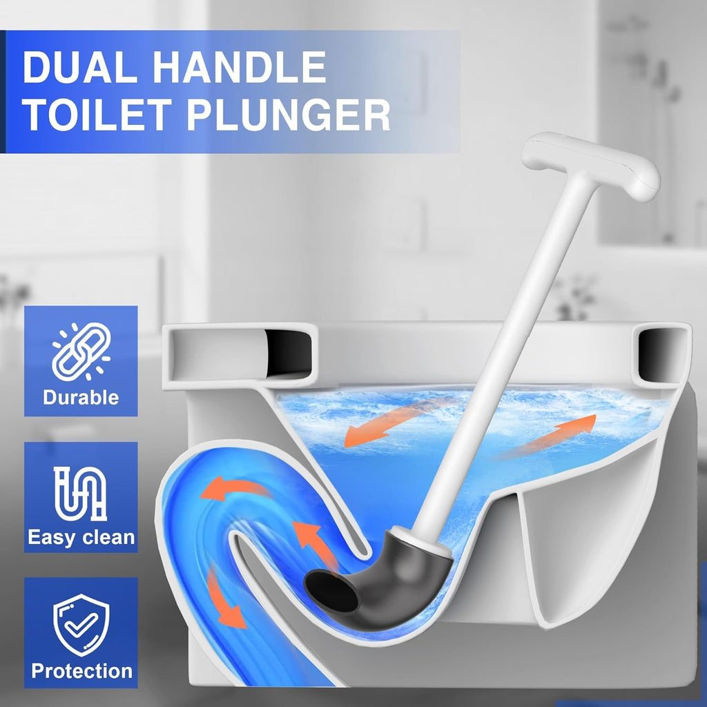 3 in 1 Toilet Brush and Plunger Set，Extended Handle Plunger,Heavy Duty Toilet Bowl Brush and Holder Hidden Toilet Plunger and Brush Set,Bathroom Cleaning Supplies (White)