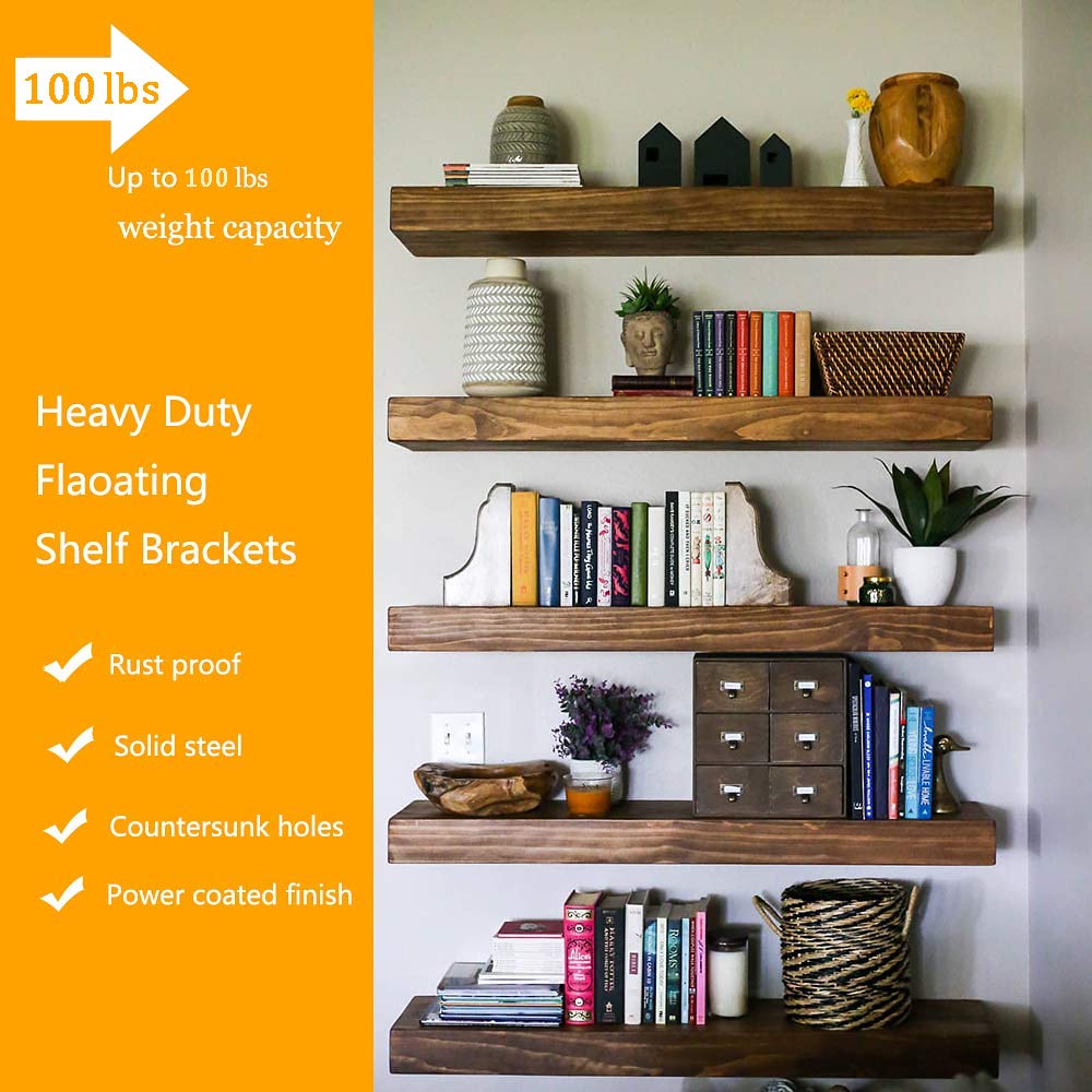 Blind Floating Shelf Brackets 8 Inch - Heavy Duty Wall Shelf Brackets, Solid Steel Matte Black Hidden Support with Hardware for DIY Custom Wood Shelves (6 Pack)