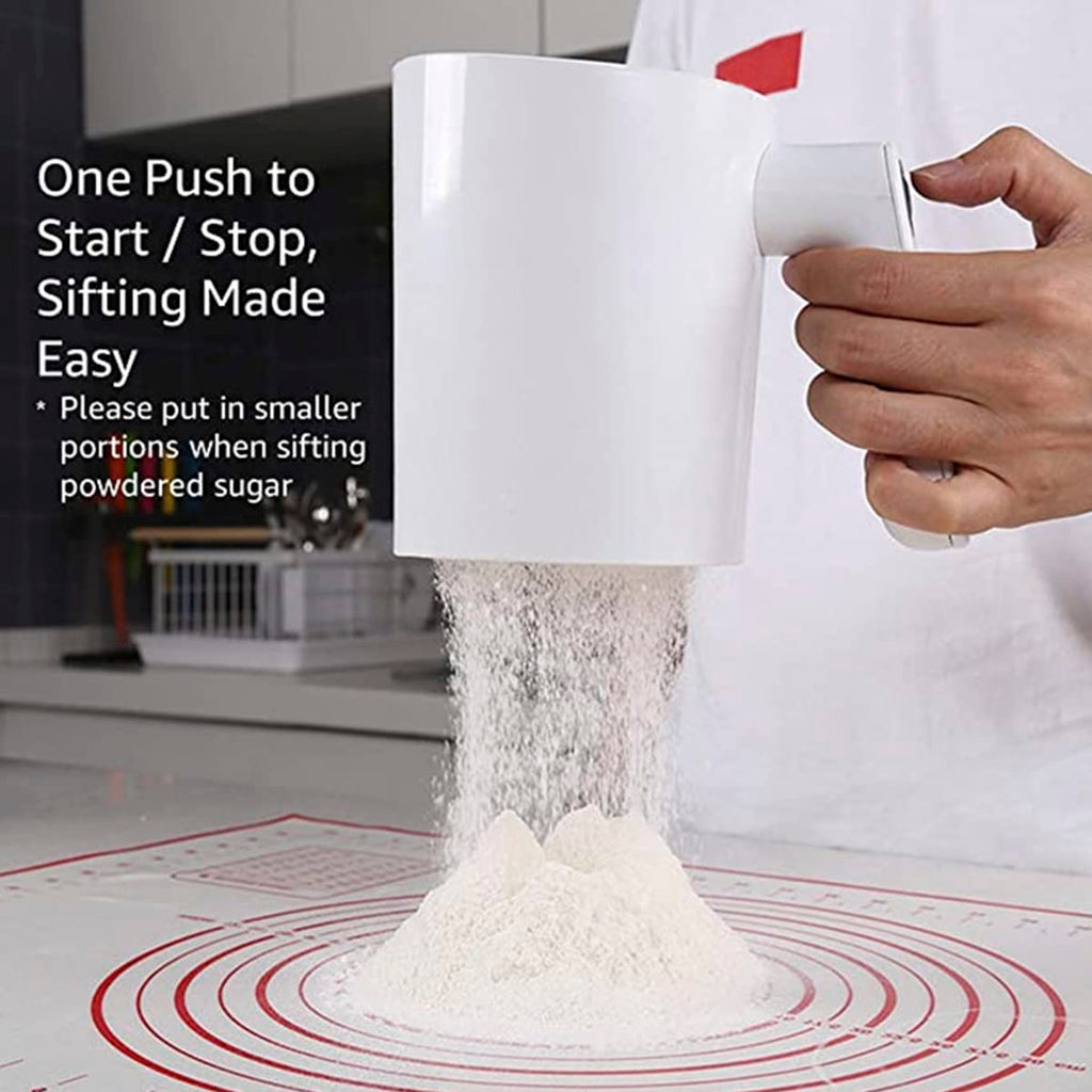 4 Cup Electric Flour Sifter, Fine Mesh Stainless Steel Baking Sieve Handheld Flour Sieve, Automatic Flour Strainer Battery Operated Powder Sieve Strainer for Baking Cakes, Pastries, Pies and Desserts