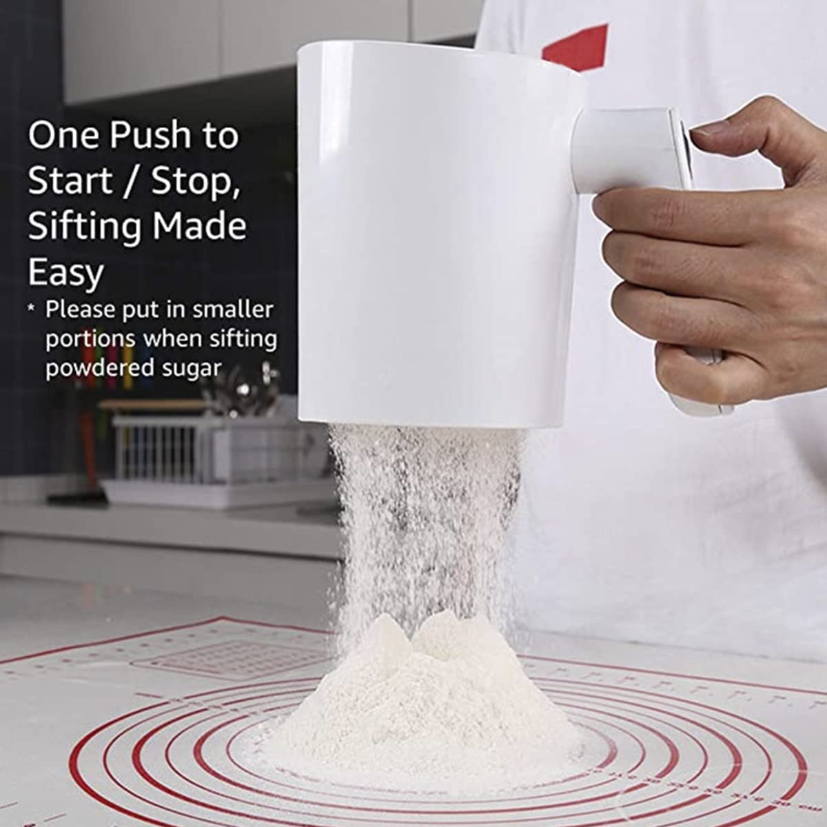 4 Cup Electric Flour Sifter, Fine Mesh Stainless Steel Baking Sieve Handheld Flour Sieve, Automatic Flour Strainer Battery Operated Powder Sieve Strainer for Baking Cakes, Pastries, Pies and Desserts