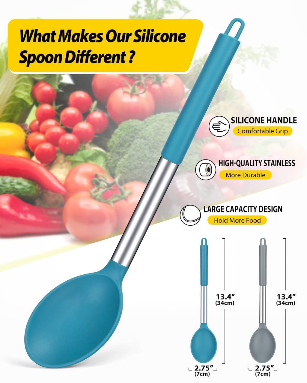 Pack of 2 Large Silicone Cooking Spoon, Non Stick Solid Basting Spoons,Heat-Resistant Kitchen Utensils for Mixing, Serving (Gray-Blue)