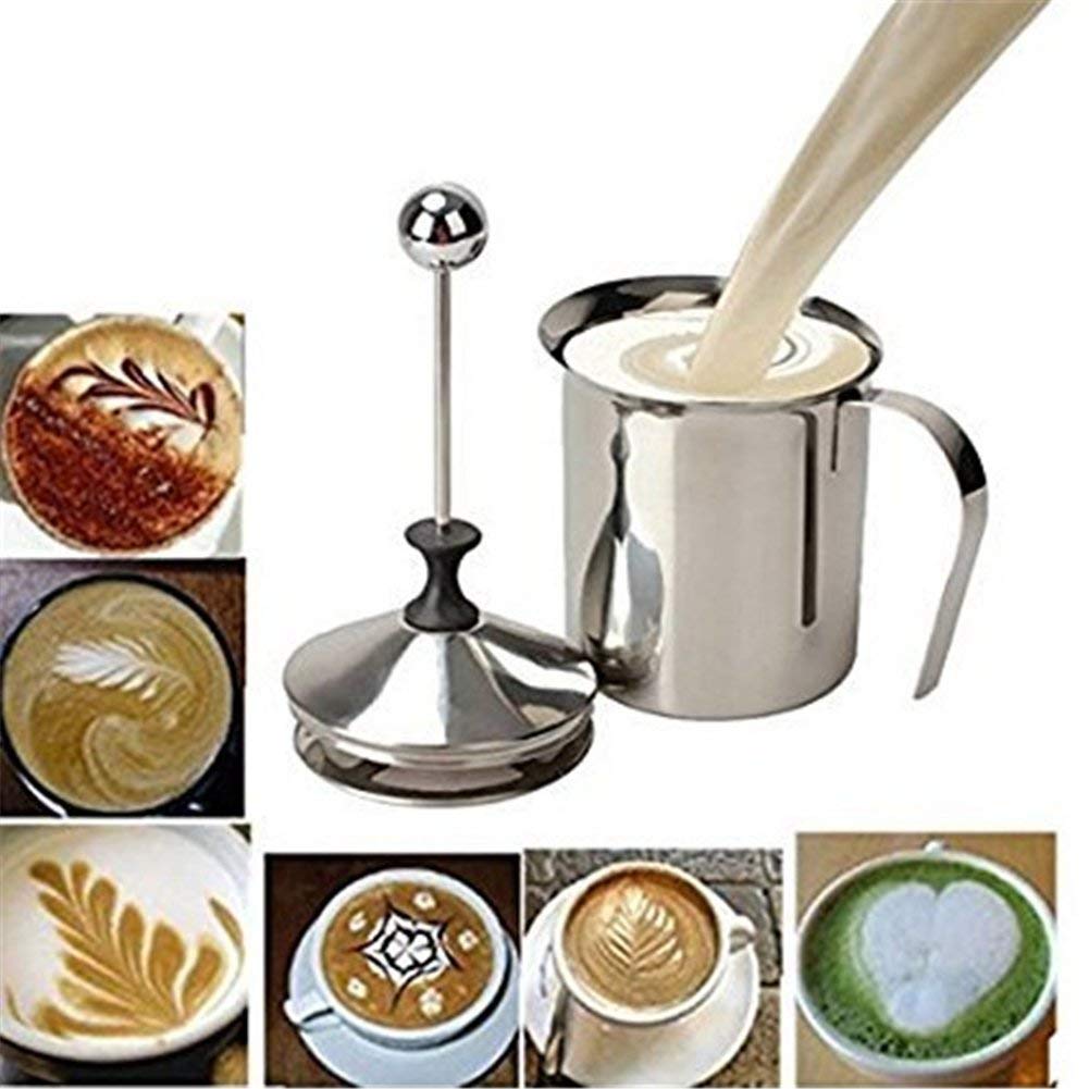Manual Milk Frother, Stainless Steel Hand Pump Milk Foamer, Handheld Milk Frothing Pitchers,Manual Operated Milk Foam Maker for Cappuccions and Coffee Latte 14-Ounce/400ml
