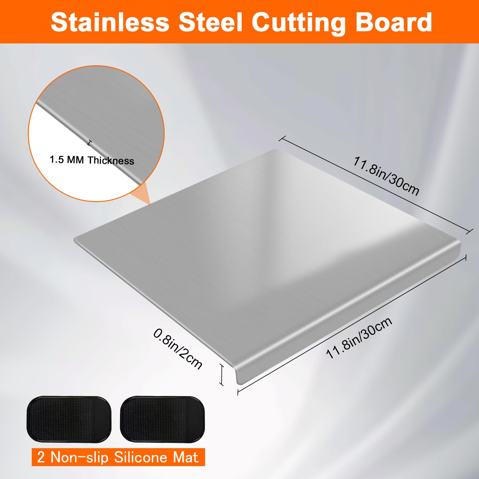 Stainless Steel Cutting Board with 2 Pack Non-Slip Mats, Yoposeo Heavy Duty Baking Cutting Chopping Boards for Kitchen, Meat, Fruits, Vegetables, Bread and Baking (11.8" X 11.8"/ 30 X 30cm)