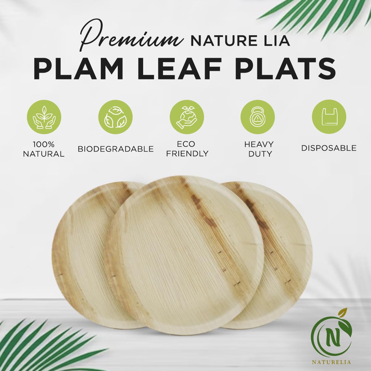 Naturelia 100% Compostable 8-Inch Palm Leaf Disposable Plates- Eco-Friendly, Biodegradable, Microwave & Oven Safe- Sustainable & Natural Cutlery Ideal for Weddings, Parties, Events