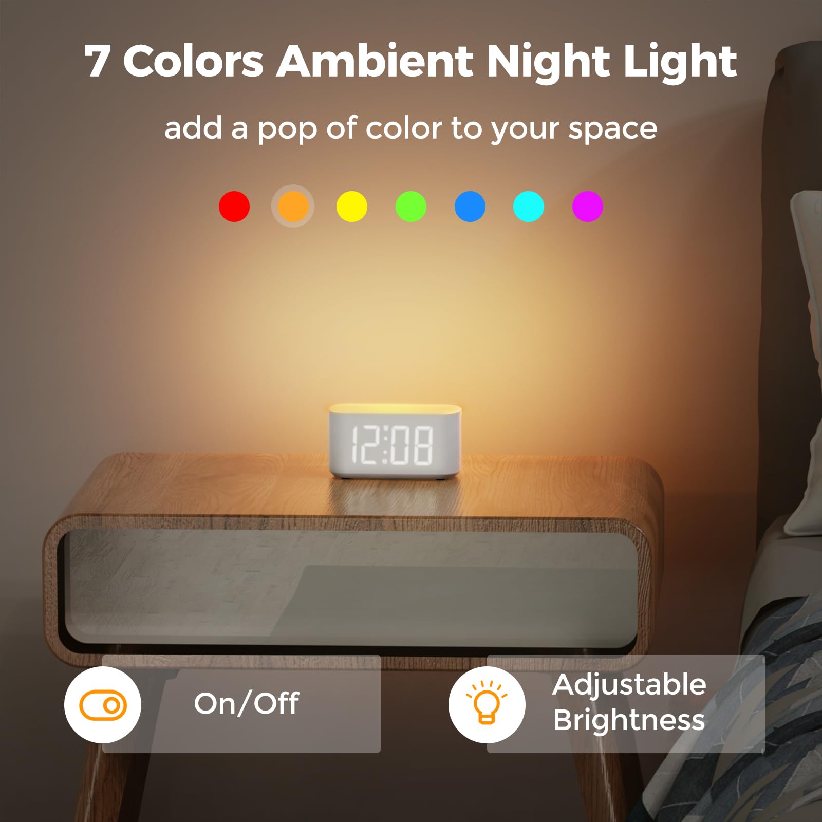 ONLAKE Alarm Clock for Bedrooms, Large Display Digital Clocks with 2 Alarms, 7 Color Larger Night Light, Dimmer, Adjustable Volume, Easy Snooze (White)
