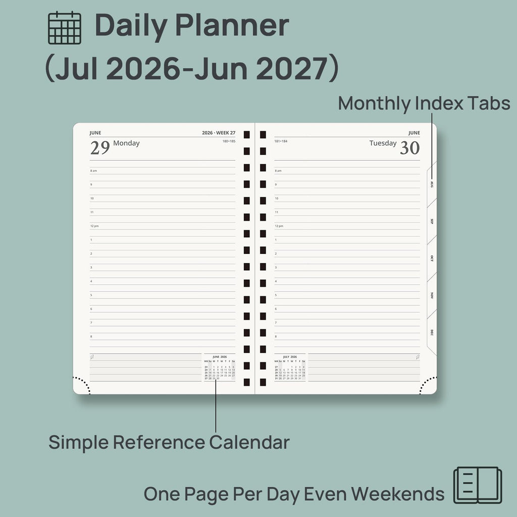 POPRUN 2026-2027 Daily Planner One Page Per Day, 5.75" x 8.5", Academic Daily Calendar Book with July 2026 to June 2027, Hardcover Appointment Book with Hourly Time Slots, Spiral Bound, Monthly Tabs - Black
