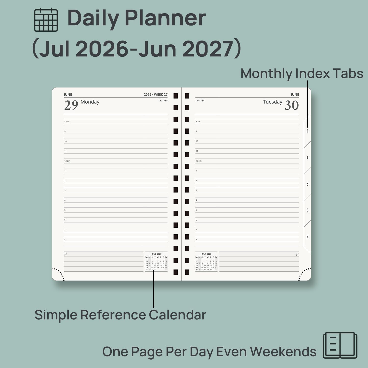 POPRUN 2026-2027 Daily Planner One Page Per Day, 5.75" x 8.5", Academic Daily Calendar Book with July 2026 to June 2027, Hardcover Appointment Book with Hourly Time Slots, Spiral Bound, Monthly Tabs - Black