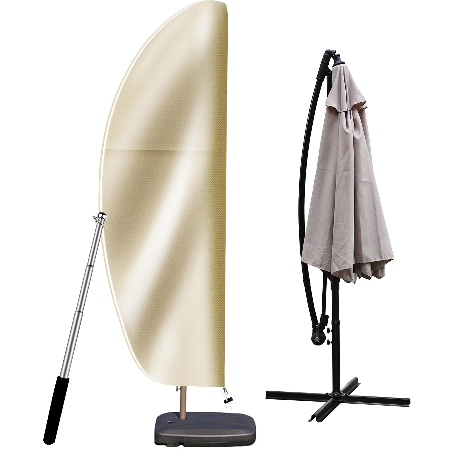 OKPOW Patio Umbrella Cover for 9ft to 14ft Outdoor Umbrellas - Waterproof Cantilever Offset Umbrella Cover Windproof - 420D Oxford Fabric Anti UV Large Hanging Parasol Covers (Beige)