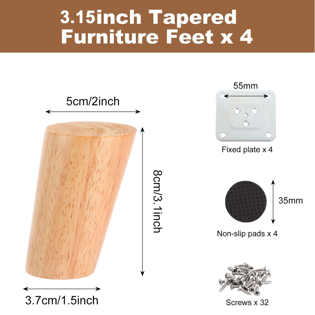 Acrux7 3.15 inch Wooden Furniture Legs Set of 4 Solid Wood Oblique Tapered Furniture Replacement Feet with Mounting Plate and Screws for Dresser Sofa TV Cabinet Couch