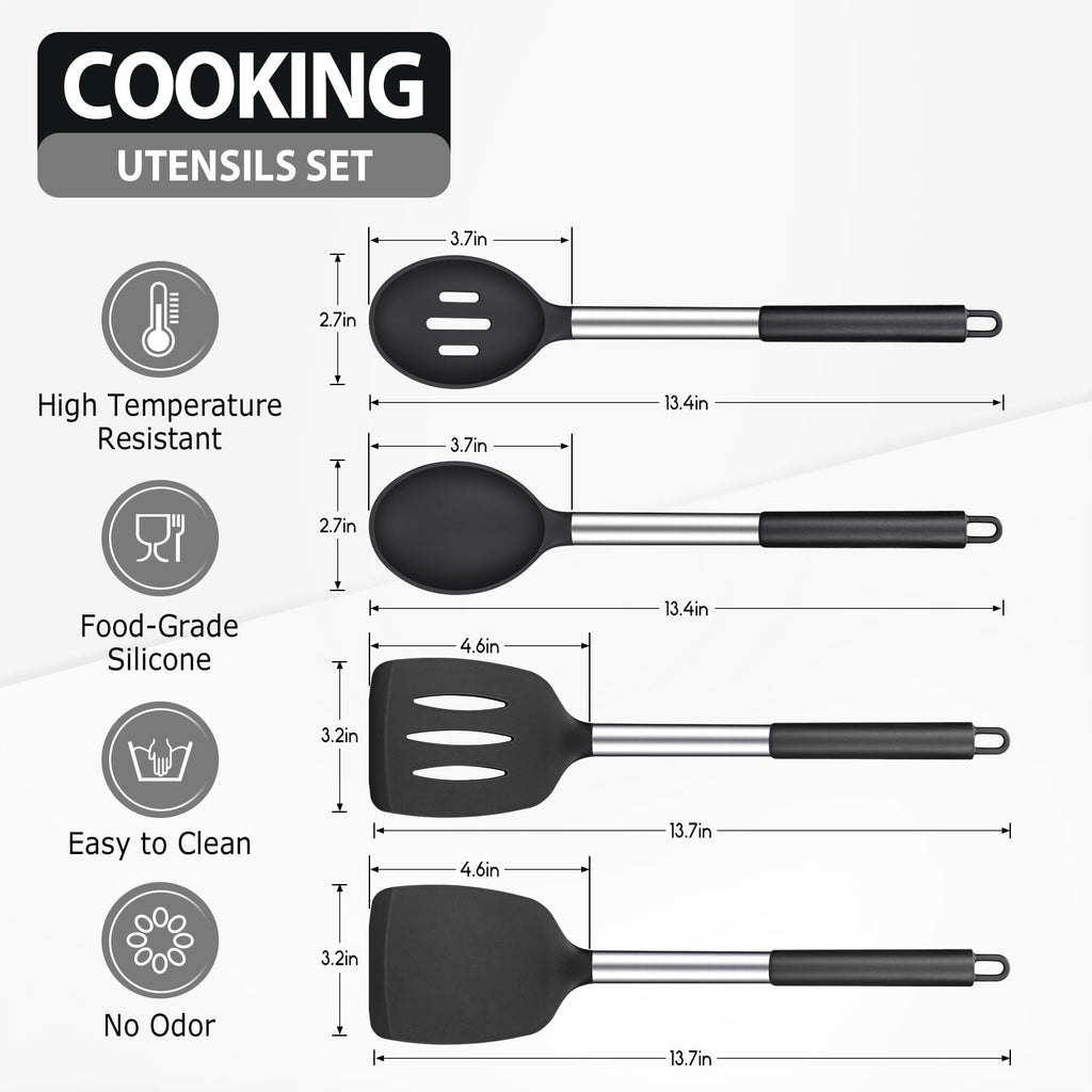 Pack of 4 Large Silicone Cooking Spatulas and Spoons, Slotted and Solid Stainless Steel Cooking Utensils Set, Non-Stick Heat Resistant Kitchen for Baking, Fried, Stir-Fry, Mixing, Serving (Black)