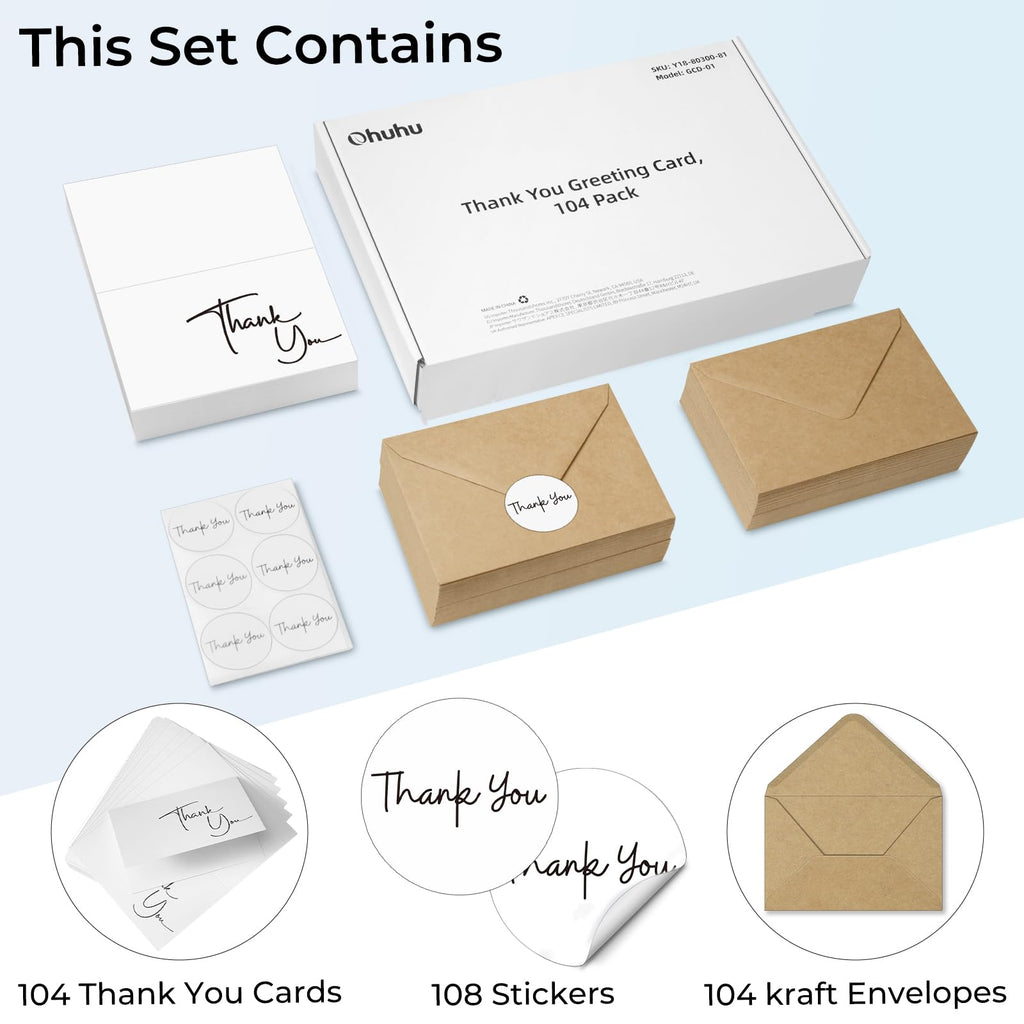 Ohuhu Thank You Cards with Kraft Envelopes and Matching Thank-You Stickers – 104-Pack (4 Minimalistic Designs), 4x6 Thank You Notes for Wedding, Graduation, Shower, Small Business, Birthday, Funeral
