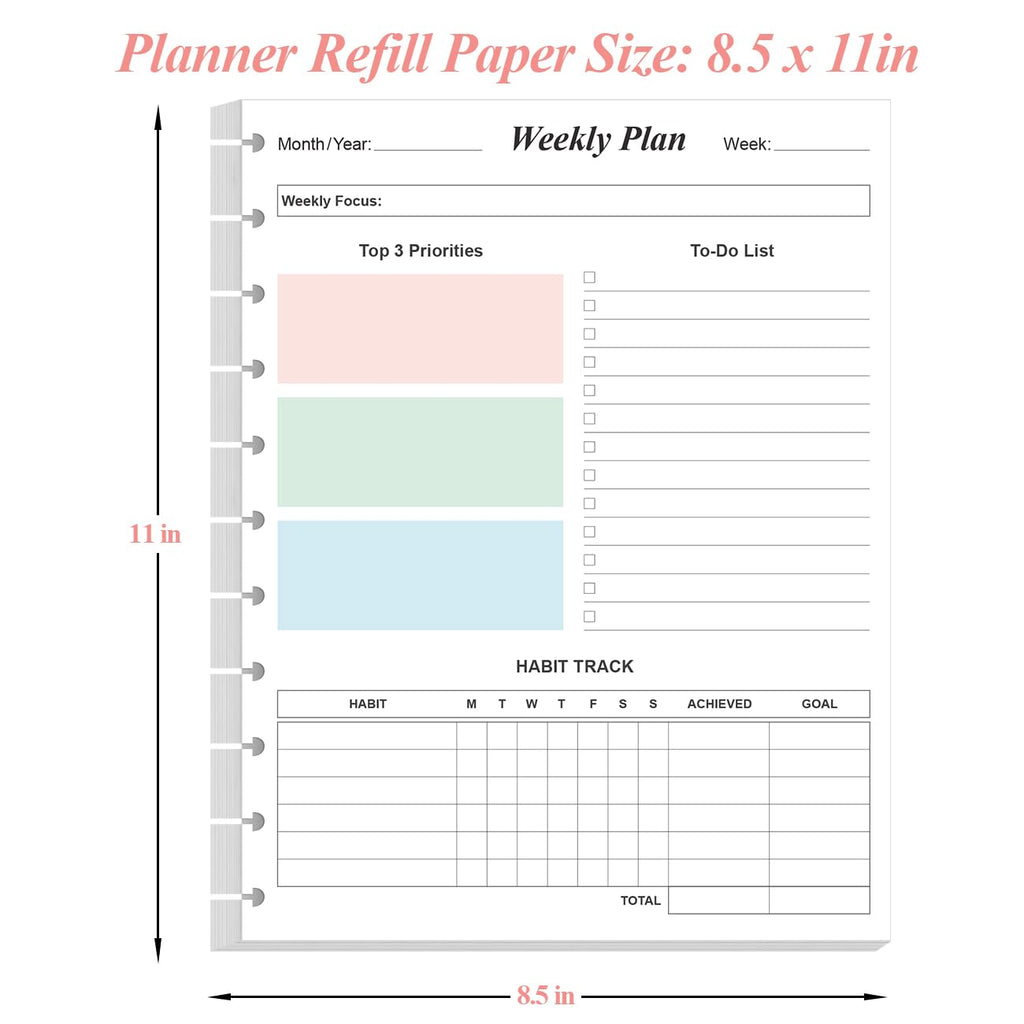 Weekly Planner Undated Refills - Letter Size 53 Sheets/106 Pages Colorful Weekly Planner for 11-Disc Discbound, TUL, 100 gsm White Paper, Lasts 1 Year, Undated, 8.5" x 11"