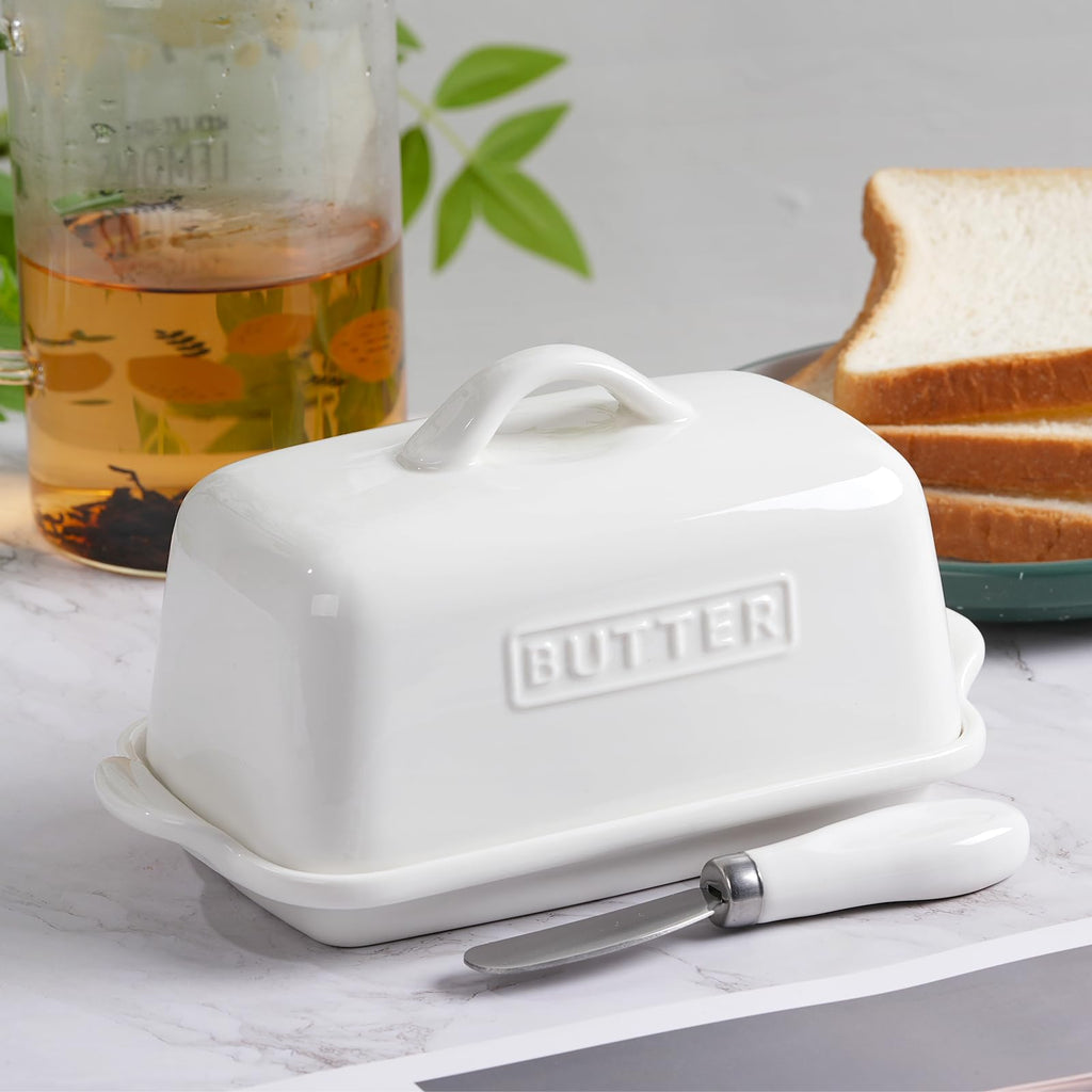 Large Butter Dish for 1 lb Block of Canadian Butter, Porcelain Butter Keeper Fit a Full Pound Block of Butter, Butter Container for an Entire Pound Butter, ADIVEE, Color-White.